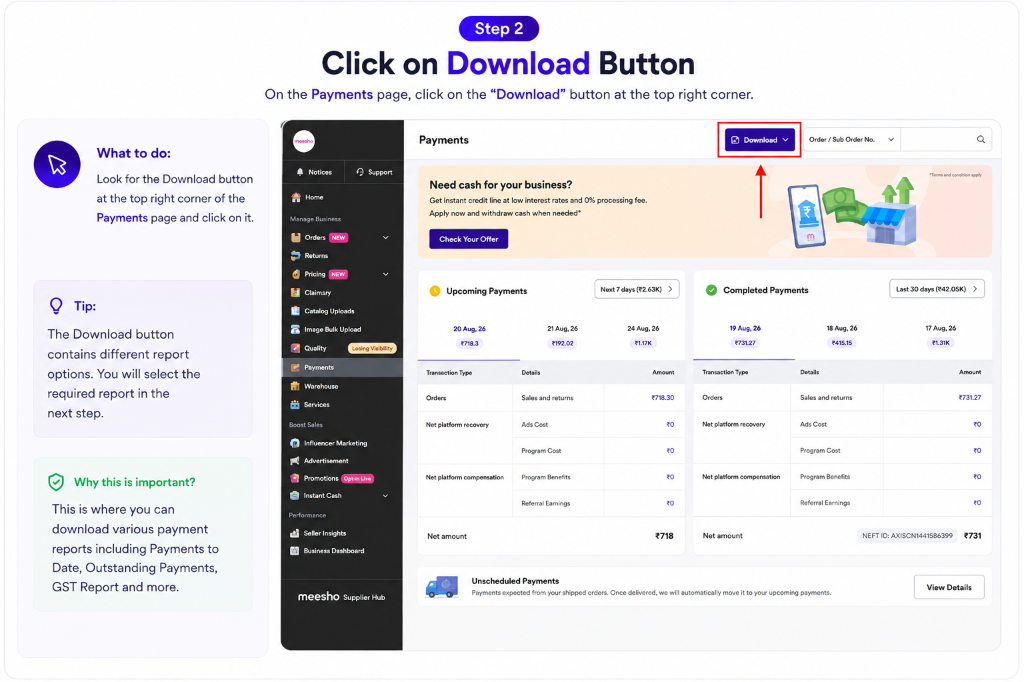 Meesho Payments page showing the Download button
