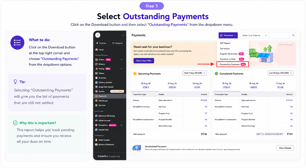 Meesho Download menu showing Outstanding Payments