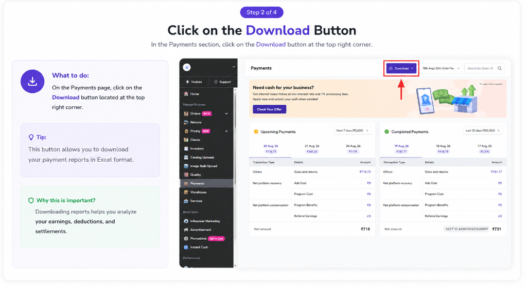 Meesho Payments page showing the Download button