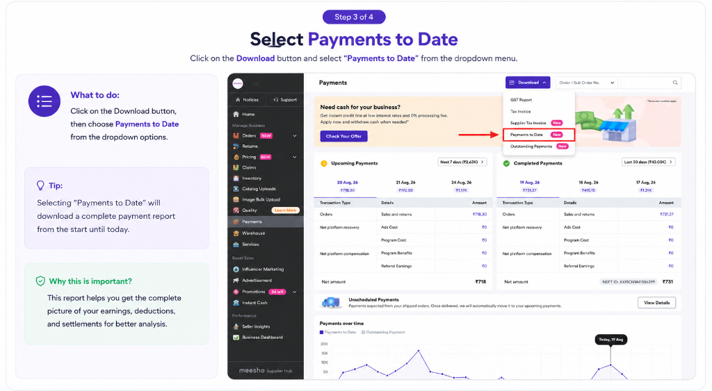 Meesho Download menu showing Payments to Date