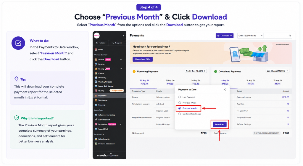 Meesho Payments to Date window showing Previous Month and Download