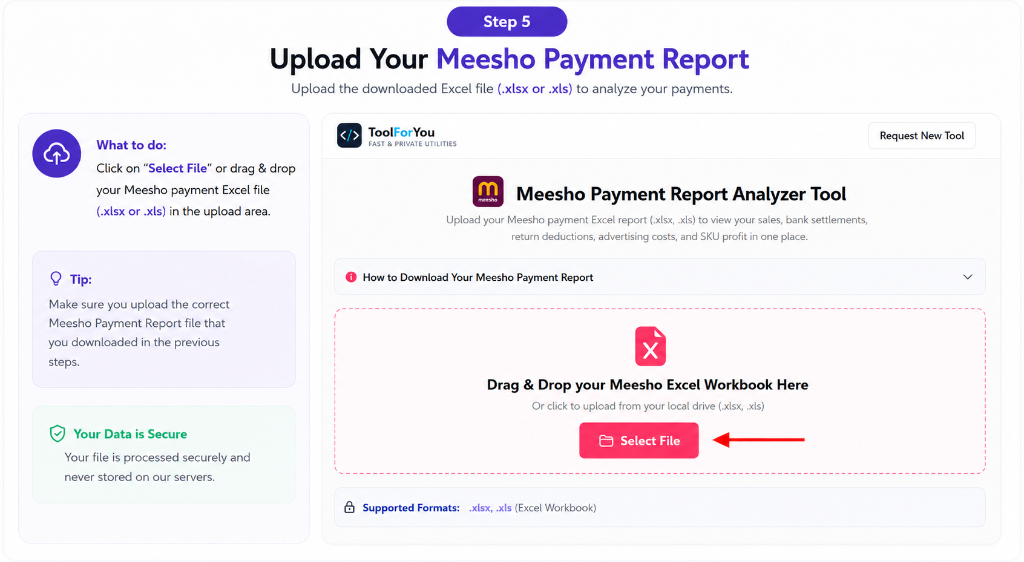 ToolForYou Meesho Payment Report Analyzer upload area